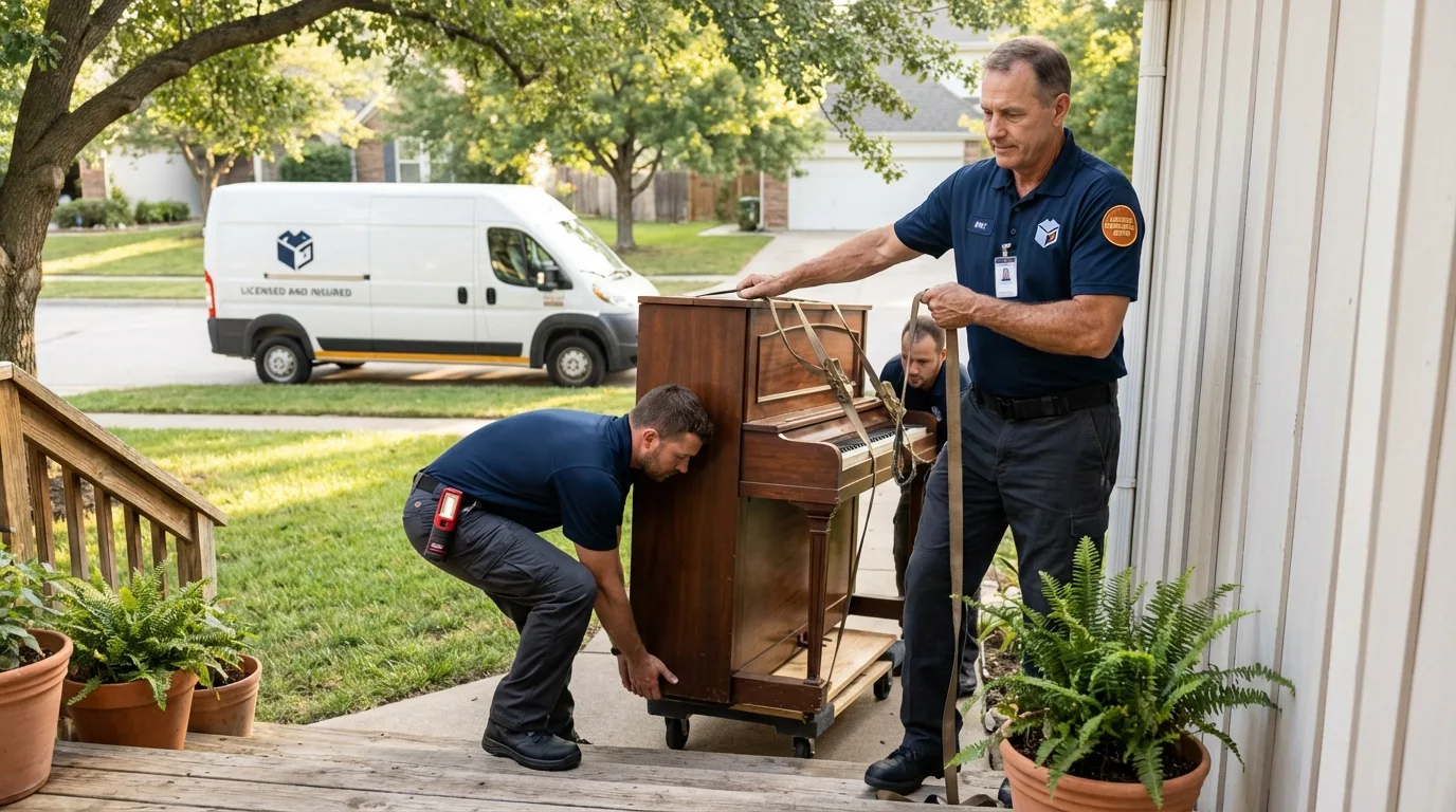 Licensed piano movers securing grand piano in New Ellenton, SC