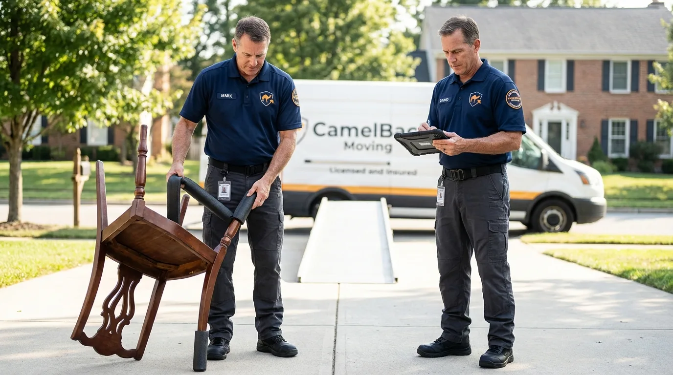 Movers inspecting furniture for damage prevention before loading in New Ellenton, SC