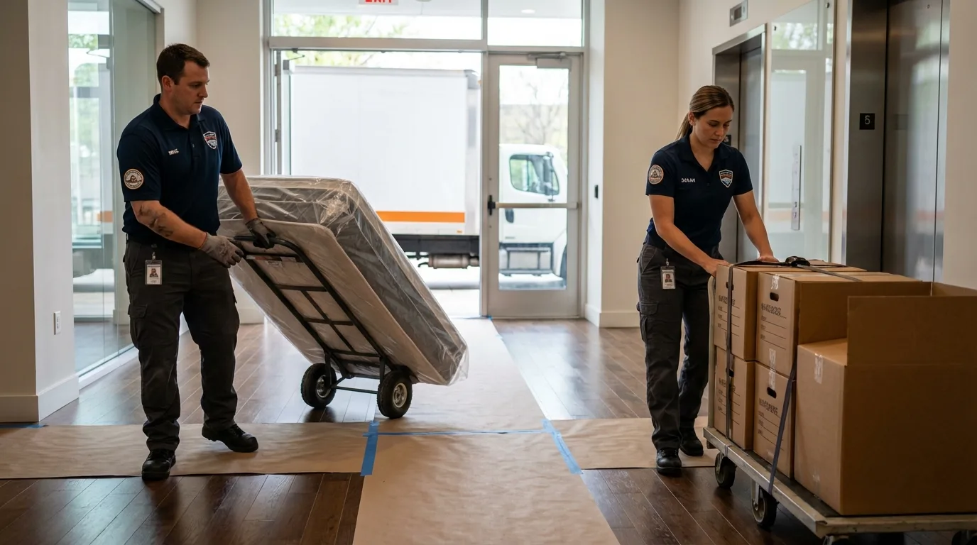 Professional apartment movers loading elevator in New Ellenton, SC